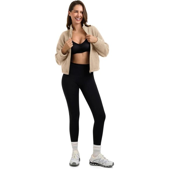 Women Zip Up Fleece Sherpa Jacket Coat Warm Cropped Casual Workout - Picture 6 of 7
